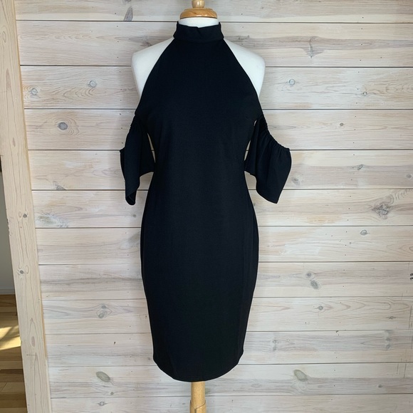 Black Mock Neck Off the Shoulder Mini Dress Bodycon - Picture 3 of 12